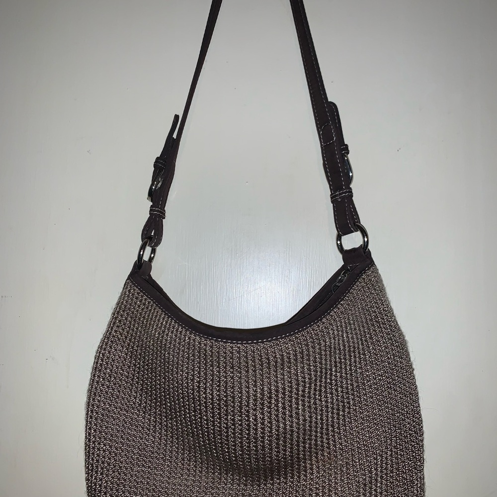 The Sak Woven Crochet Hobo Shoulder Bag Brown Leather Trim Boho Chic